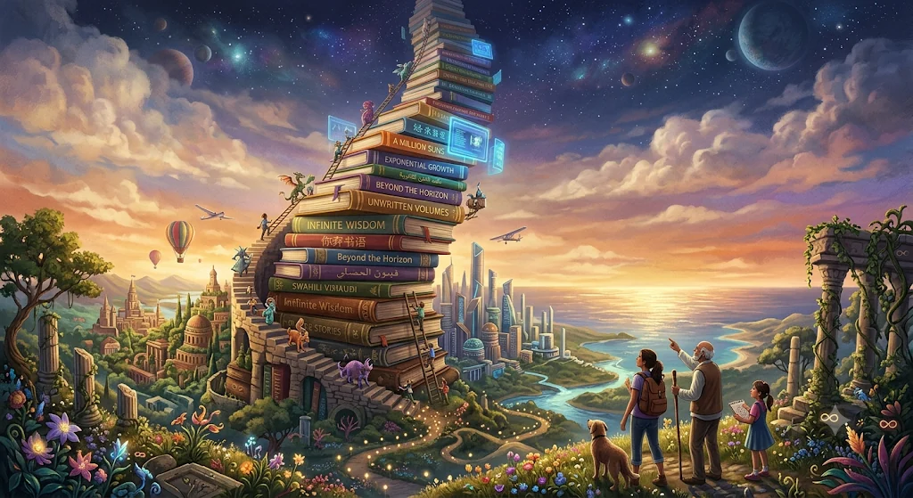Illustrated path of books and learning stretching toward the horizon