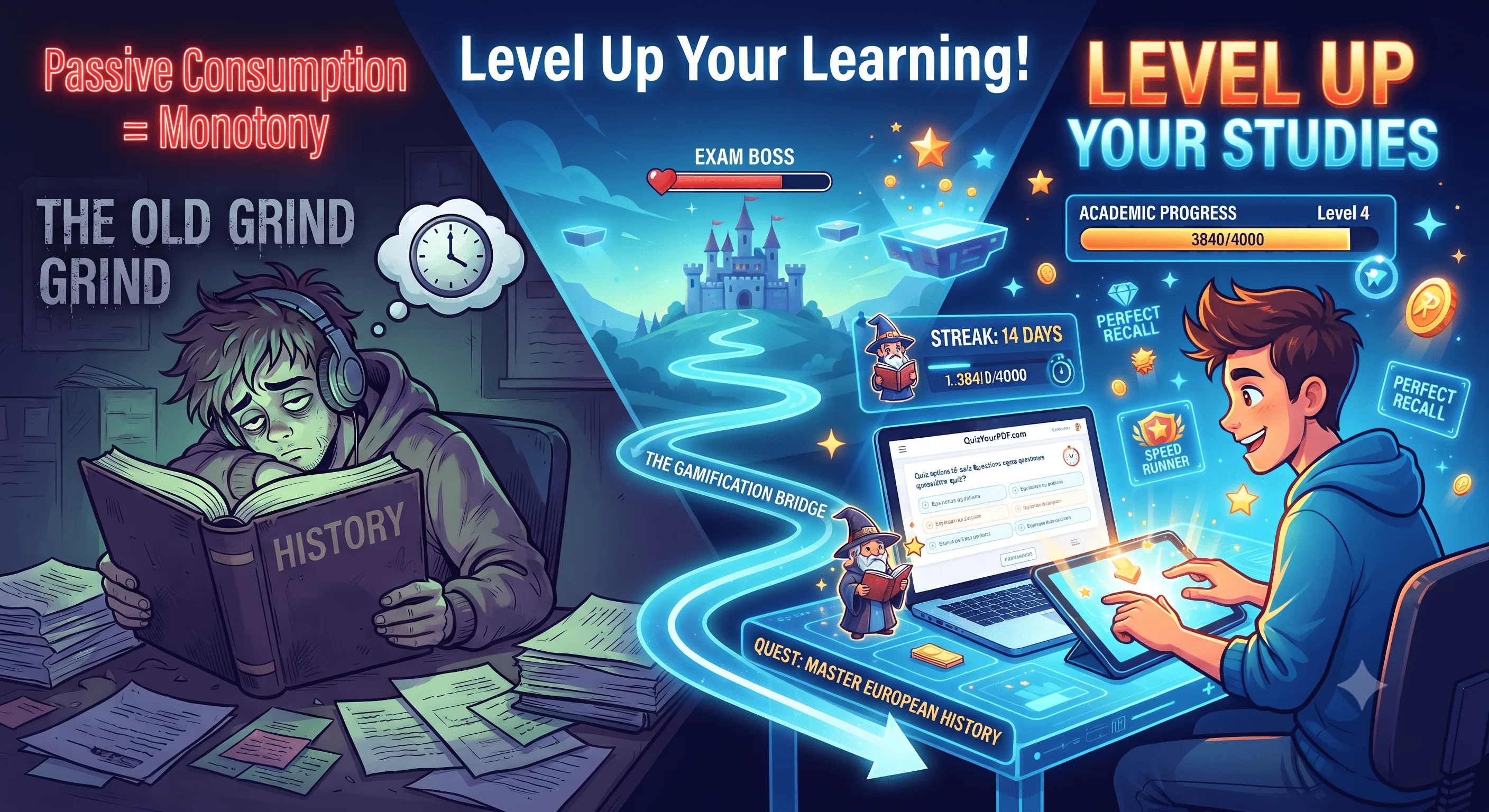 Illustration contrasting passive consumption with an interactive, game-like study experience