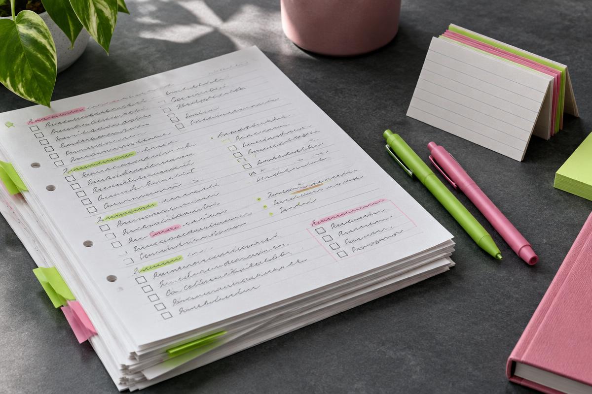 Study sheets with checkboxes, flashcards and colorful pens on a dark desk
