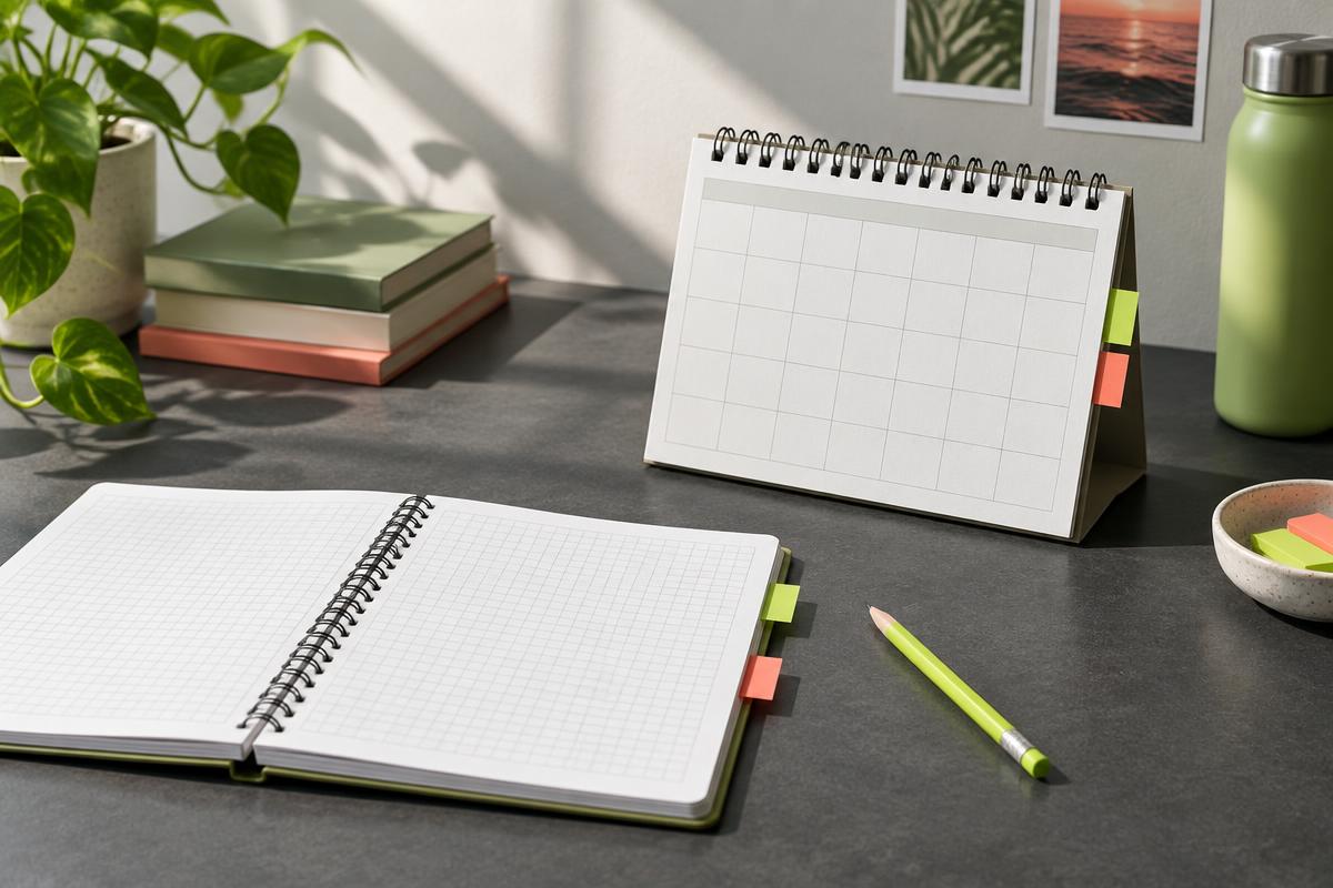 Blank desk calendar and open study notebook with bright page markers